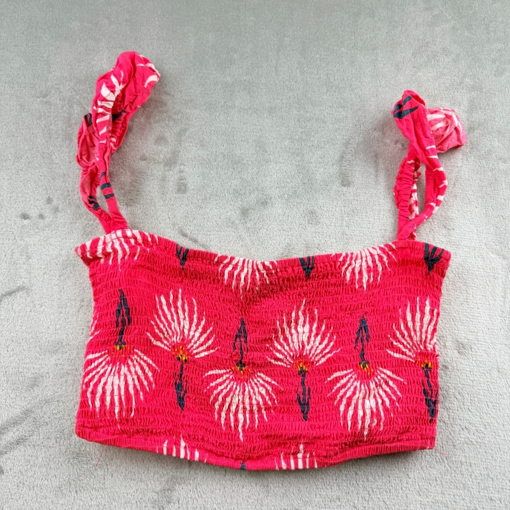 Lulus Pink Floral Smocked Womens S Crop Top Small Ruffle Strap Rayon Summer Boho